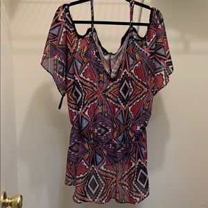Plus Size Sheer Aztec Cold Shoulder Top- FTF
